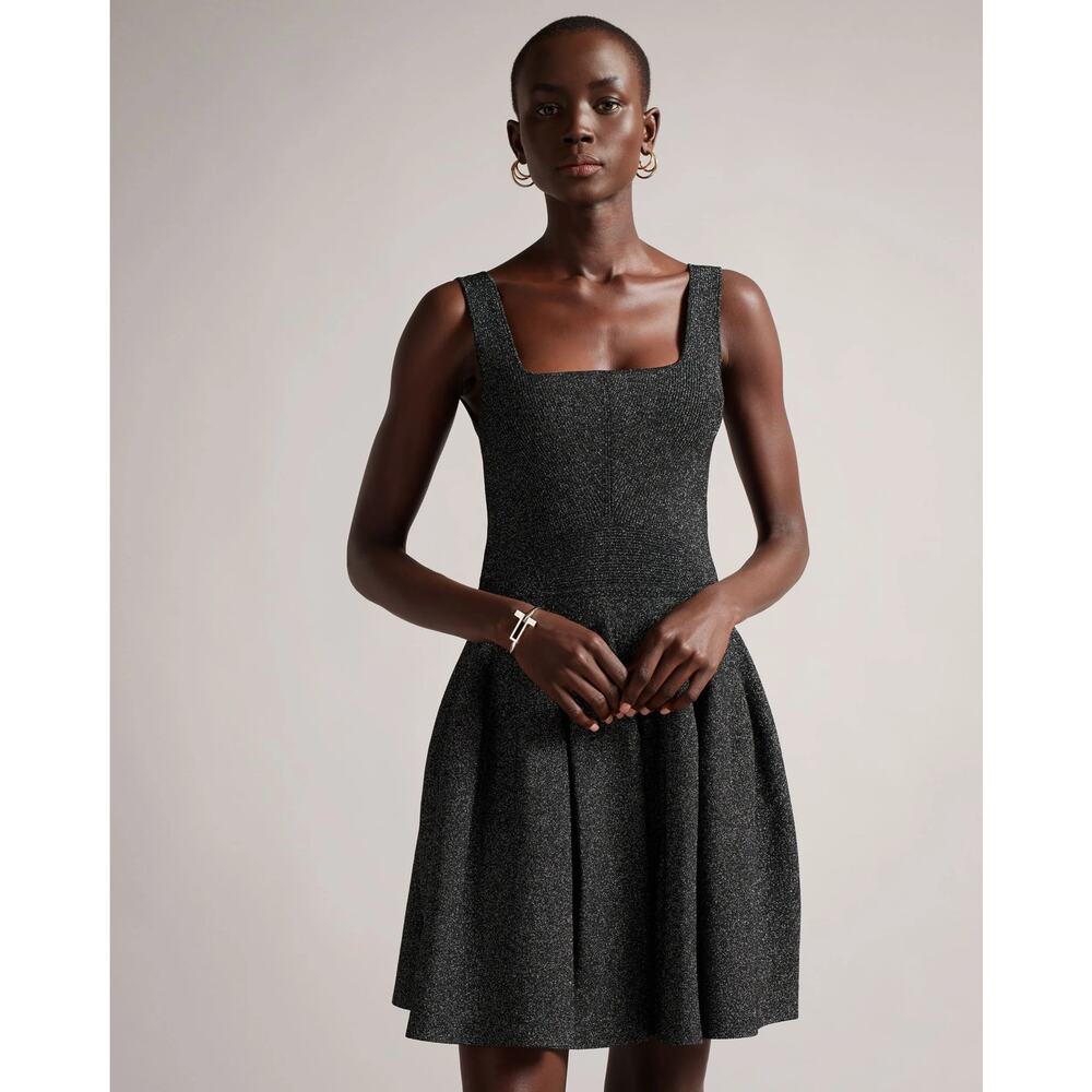 Ted Baker Glitzia Metallic Black Silver Sleeveless Skater Dress Size 0 NWT